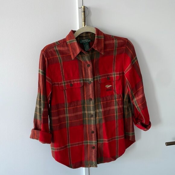 Lauren Ralph Lauren Classic Orange Plaid Flannel Button Down Shirt w/ Embroidery - Picture 1 of 5